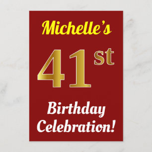 Red, Faux Gold 41st Birthday Celebration + Name Invitation