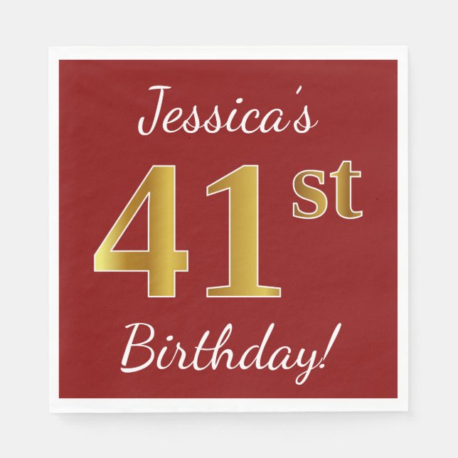 Red, Faux Gold 41st Birthday + Custom Name Napkin (Front)