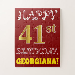 Red, Faux Gold 41st Birthday + Custom Name Puzzle
