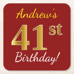 Red, Faux Gold 41st Birthday + Custom Name Square Paper Coaster