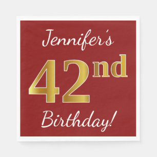 Red, Faux Gold 42nd Birthday + Custom Name Napkin