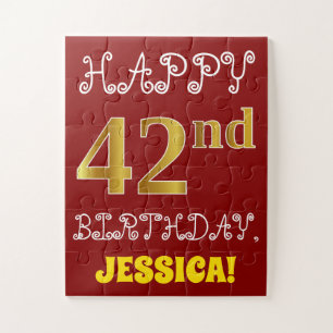 Red, Faux Gold 42nd Birthday + Custom Name Puzzle