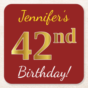 Red, Faux Gold 42nd Birthday + Custom Name Square Paper Coaster