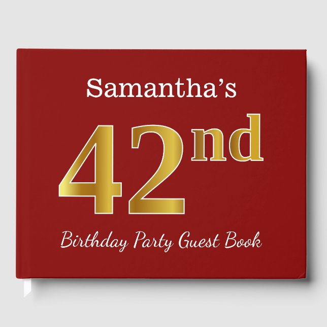 Red, Faux Gold 42nd Birthday Party + Custom Name Guest Book (Front)