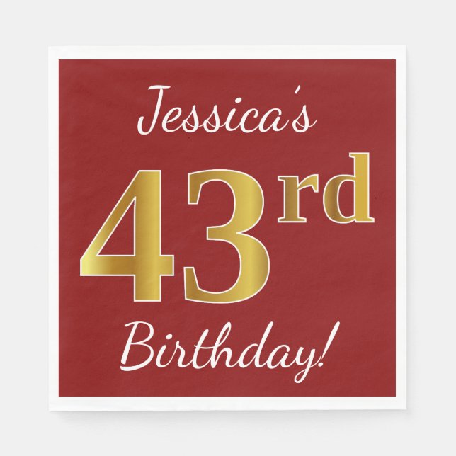 Red, Faux Gold 43rd Birthday + Custom Name Napkin (Front)