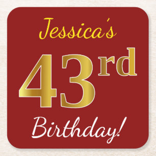 Red, Faux Gold 43rd Birthday + Custom Name Square Paper Coaster