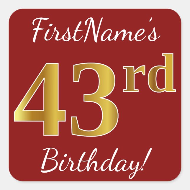 Red, Faux Gold 43rd Birthday + Custom Name Sticker (Front)