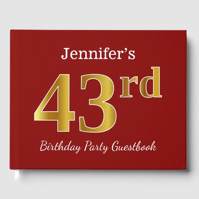 Red, Faux Gold 43rd Birthday Party + Custom Name Guest Book (Front)