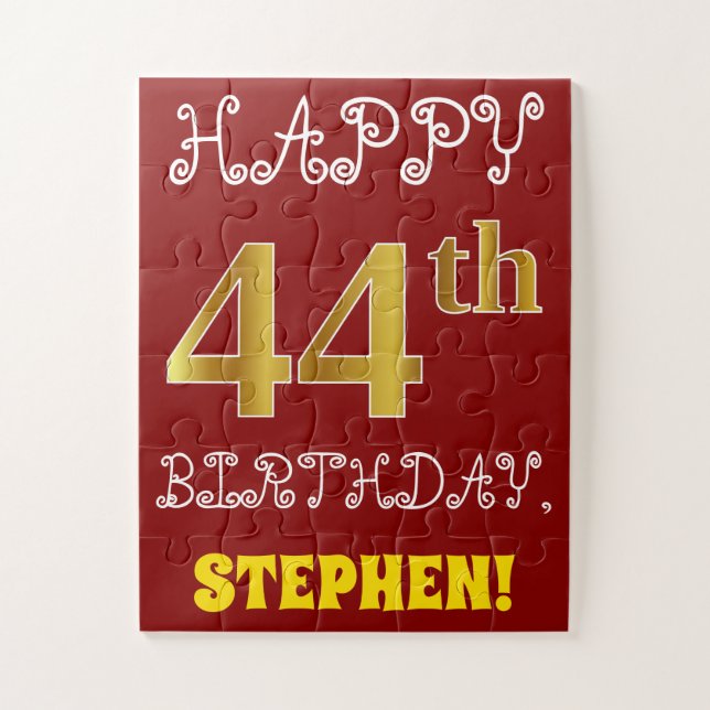 Red, Faux Gold 44th Birthday + Custom Name Puzzle (Vertical)
