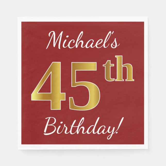 Red, Faux Gold 45th Birthday + Custom Name Napkin (Front)