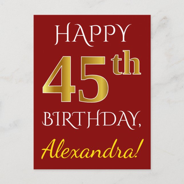 Red, Faux Gold 45th Birthday + Custom Name Postcard (Front)