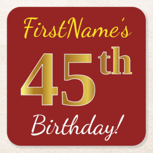 Red, Faux Gold 45th Birthday + Custom Name Square Paper Coaster