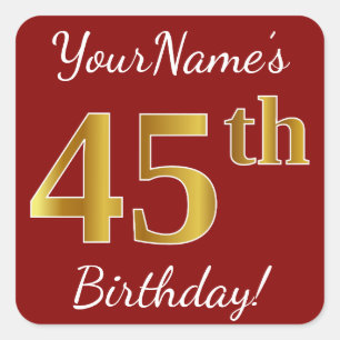 Red, Faux Gold 45th Birthday + Custom Name Sticker