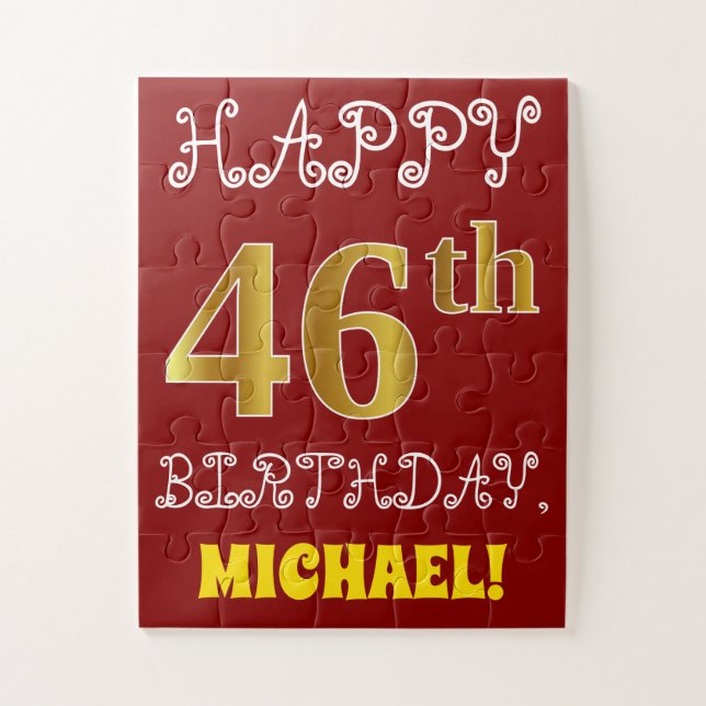 Red, Faux Gold 46th Birthday + Custom Name Puzzle (Vertical)