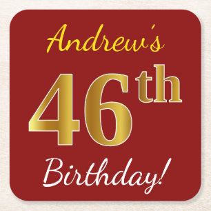 Red, Faux Gold 46th Birthday + Custom Name Square Paper Coaster