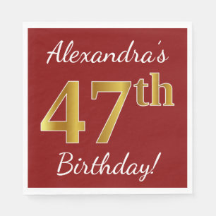 Red, Faux Gold 47th Birthday + Custom Name Napkin