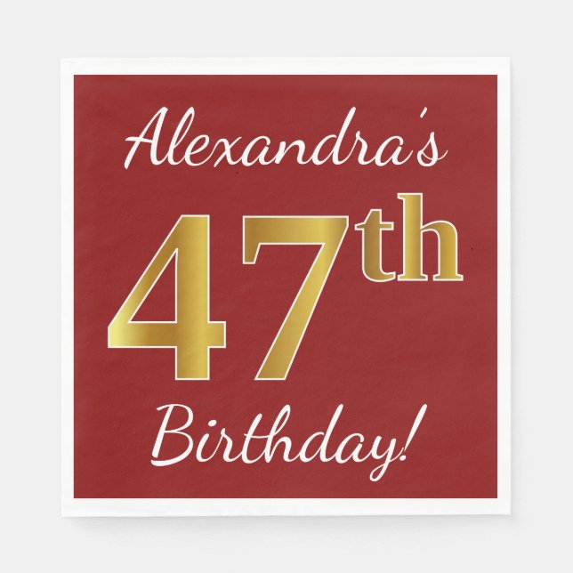 Red, Faux Gold 47th Birthday + Custom Name Napkin (Front)