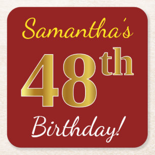 Red, Faux Gold 48th Birthday + Custom Name Square Paper Coaster