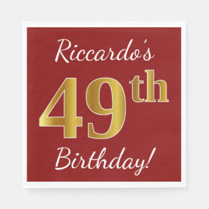 Red, Faux Gold 49th Birthday + Custom Name Napkin