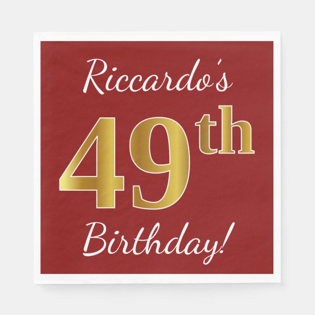 Red, Faux Gold 49th Birthday + Custom Name Napkin (Front)