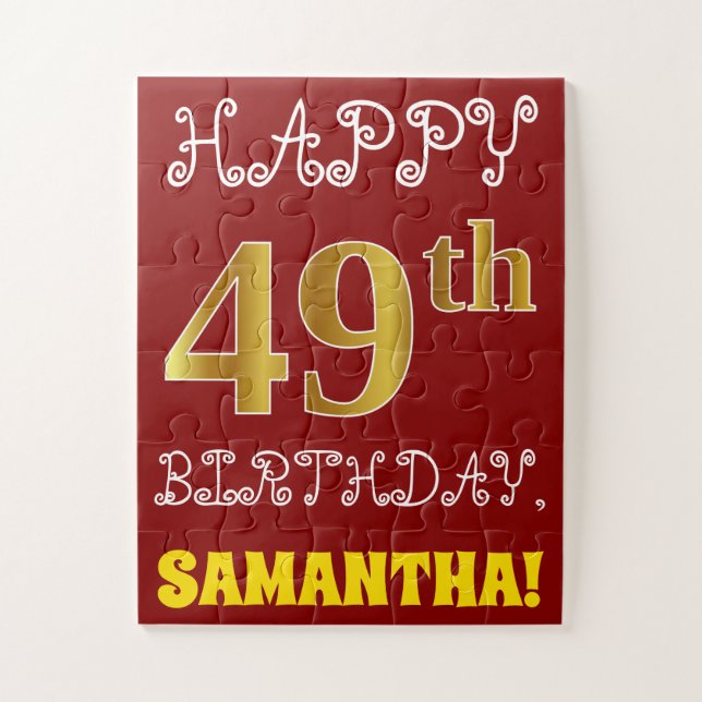 Red, Faux Gold 49th Birthday + Custom Name Puzzle (Vertical)