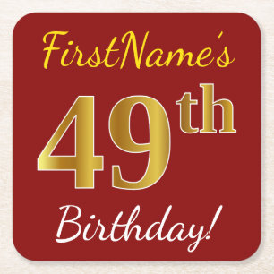 Red, Faux Gold 49th Birthday + Custom Name Square Paper Coaster