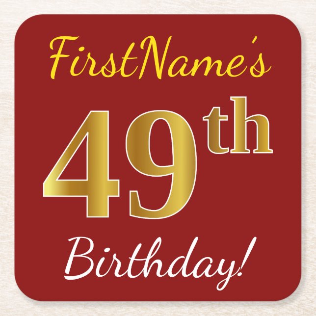 Red, Faux Gold 49th Birthday + Custom Name Square Paper Coaster (Front)