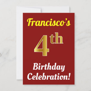 Red, Faux Gold 4th Birthday Celebration + Name Invitation