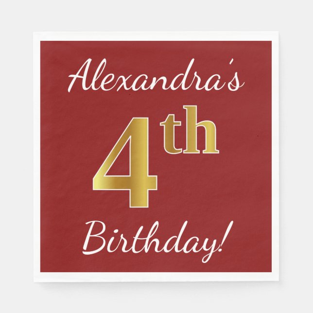 Red, Faux Gold 4th Birthday + Custom Name Napkin (Front)