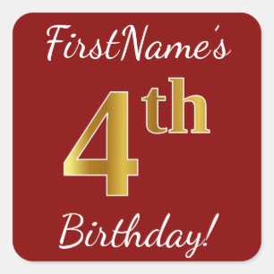 Red, Faux Gold 4th Birthday + Custom Name Sticker