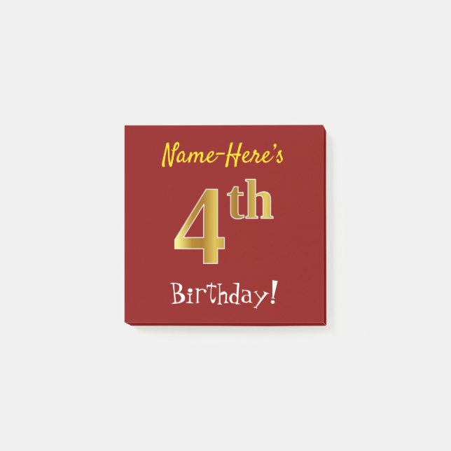Red, Faux Gold 4th Birthday, With Custom Name Post-it Notes (Front)