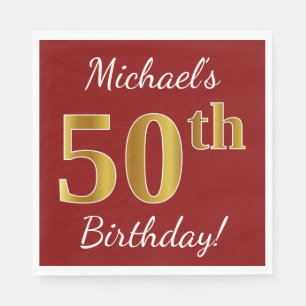 Red, Faux Gold 50th Birthday + Custom Name Napkin