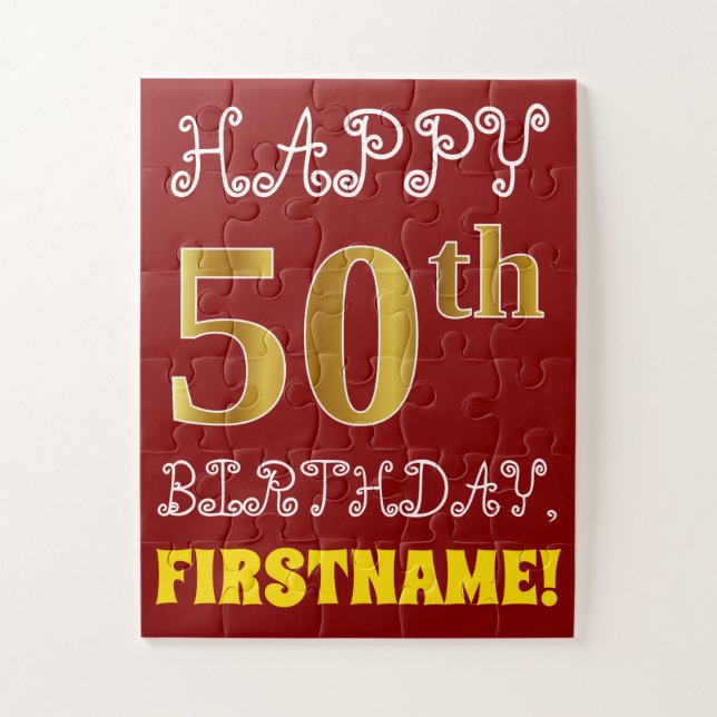 Red, Faux Gold 50th Birthday + Custom Name Puzzle (Vertical)