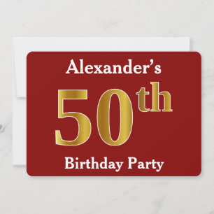 Red, Faux Gold 50th Birthday Party + Custom Name Invitation