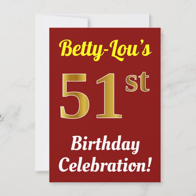 Red, Faux Gold 51st Birthday Celebration + Name Invitation (Front)