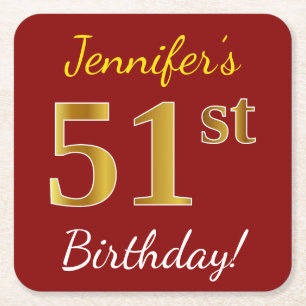 Red, Faux Gold 51st Birthday + Custom Name Square Paper Coaster