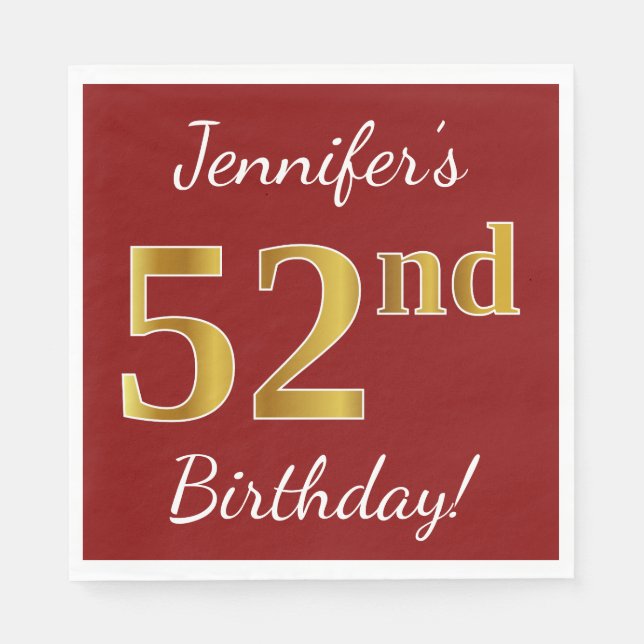 Red, Faux Gold 52nd Birthday + Custom Name Napkin (Front)