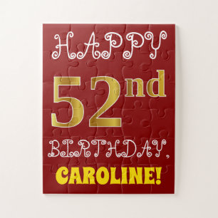 Red, Faux Gold 52nd Birthday + Custom Name Puzzle