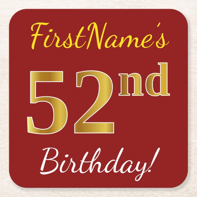 Red, Faux Gold 52nd Birthday + Custom Name Square Paper Coaster (Front)