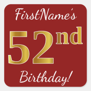 Red, Faux Gold 52nd Birthday + Custom Name Sticker