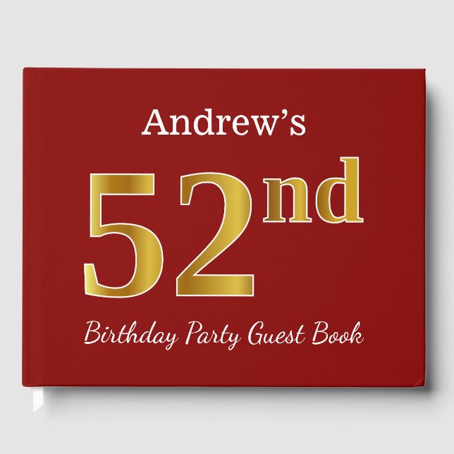 Red, Faux Gold 52nd Birthday Party + Custom Name Guest Book (Front)