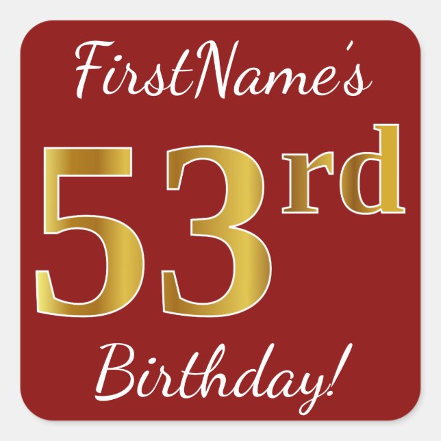 Red, Faux Gold 53rd Birthday + Custom Name Sticker (Front)