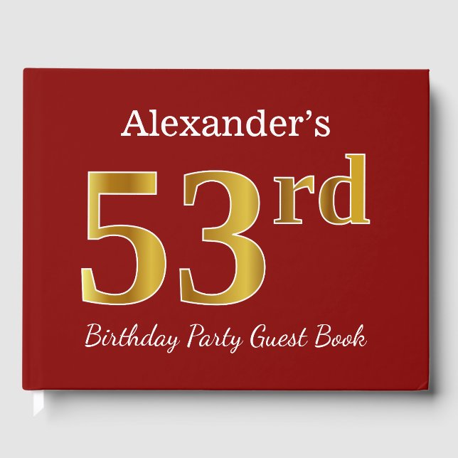 Red, Faux Gold 53rd Birthday Party + Custom Name Guest Book (Front)