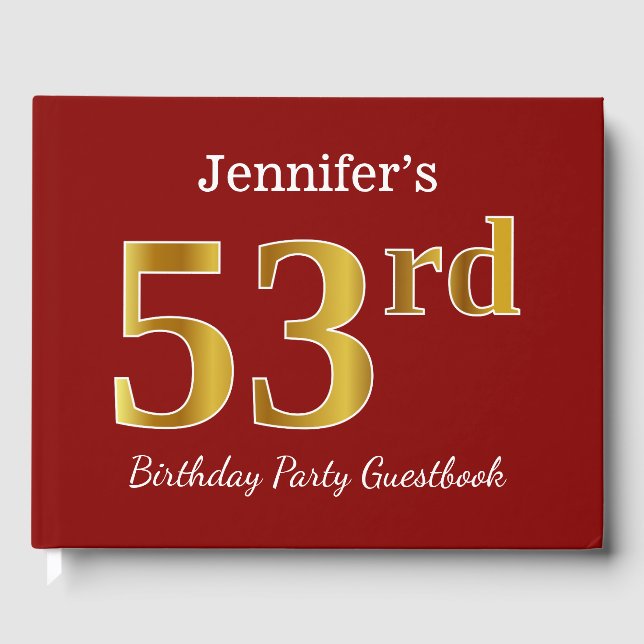 Red, Faux Gold 53rd Birthday Party + Custom Name Guest Book (Front)