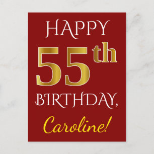 Red, Faux Gold 55th Birthday + Custom Name Postcard