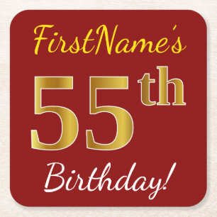 Red, Faux Gold 55th Birthday + Custom Name Square Paper Coaster