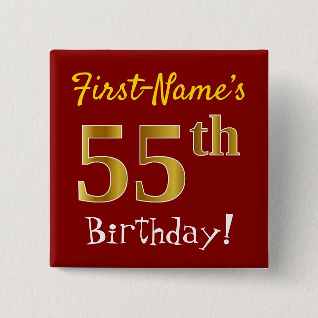 Red, Faux Gold 55th Birthday, With Custom Name 2 Inch Square Button (Front)