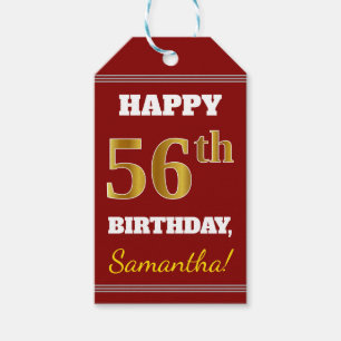Red, Faux Gold 56th Birthday + Custom Name Gift Tags