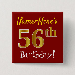 Red, Faux Gold 56th Birthday, With Custom Name 2 Inch Square Button