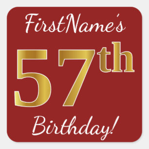 Red, Faux Gold 57th Birthday + Custom Name Sticker